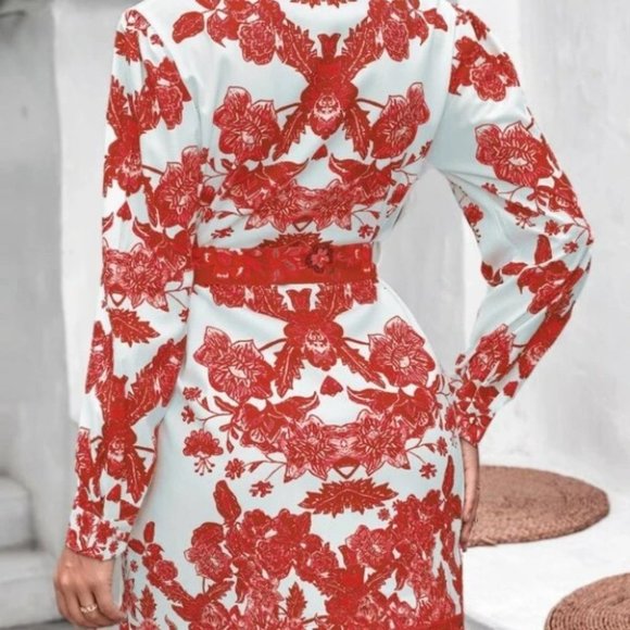 Boho Belted Floral Print shirt Mini Dress -red - Picture 5 of 5